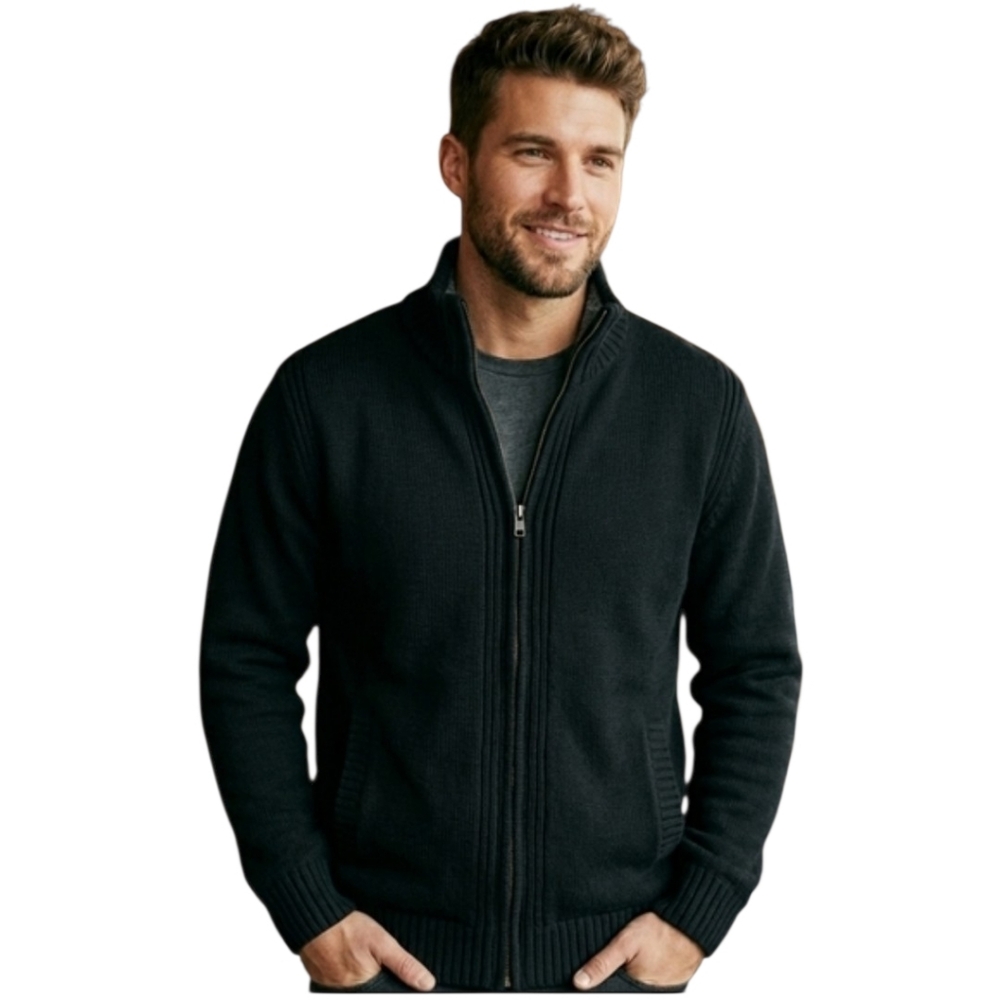 LG Emanuel Ungaro Men’s Sherpa-Lined Full Zip Cotton Knit Sweater Jacket Black
